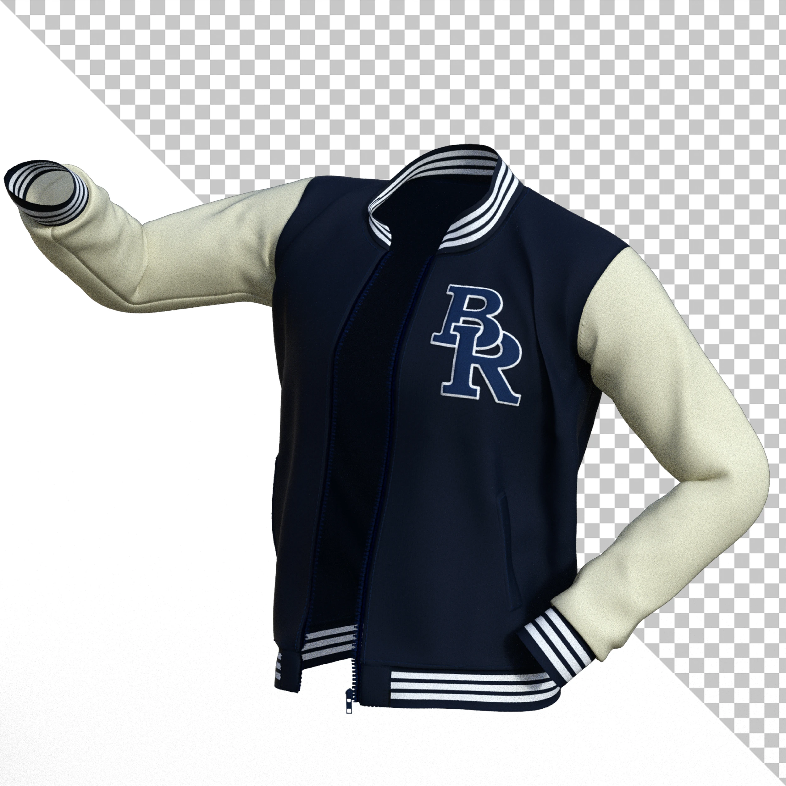 Image of a baseball jacket with letters BR on right chest