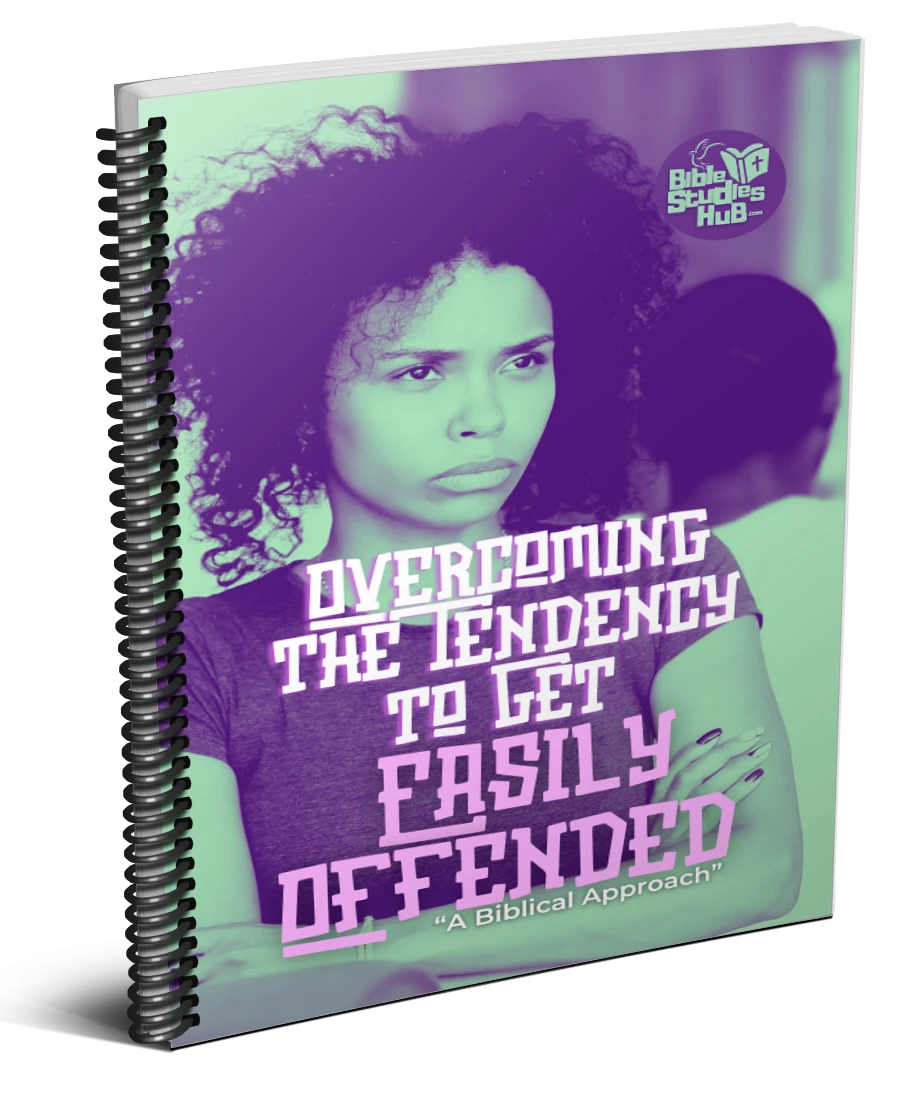 "eBook cover: 'How to Overcome the Tendency to Get Easily Offended – A Biblical Approach.' Features a thoughtful woman, highlighting a faith-based guide for emotional resilience. BibleStudiesHub logo included."