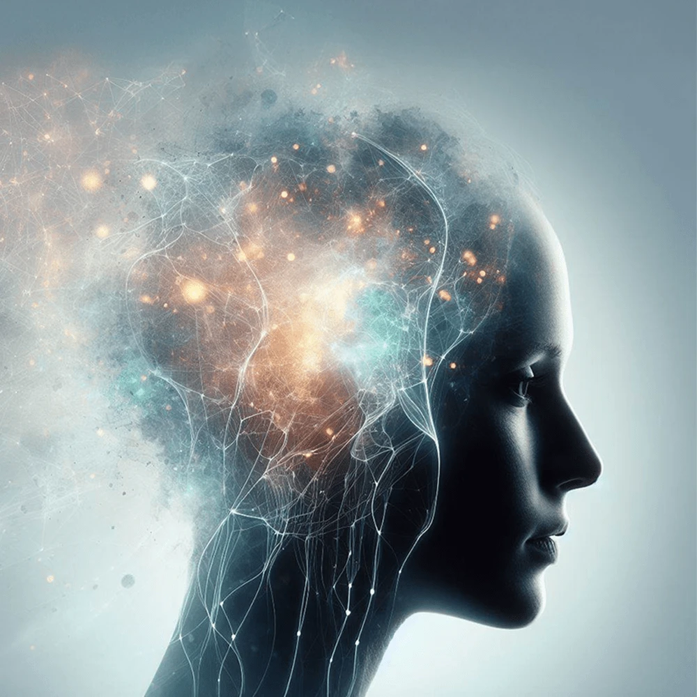 Seitliche Silhouette eines Menschen, in deren Kopf leuchtende neuronale Netzwerke KI visualisieren.
